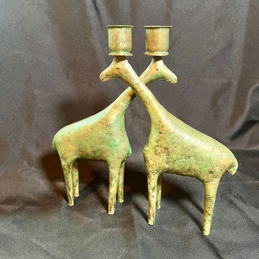 Vintage Verdigris‎ Metal Giraffe Candleholders Pair Indonesia Mid Century Modern